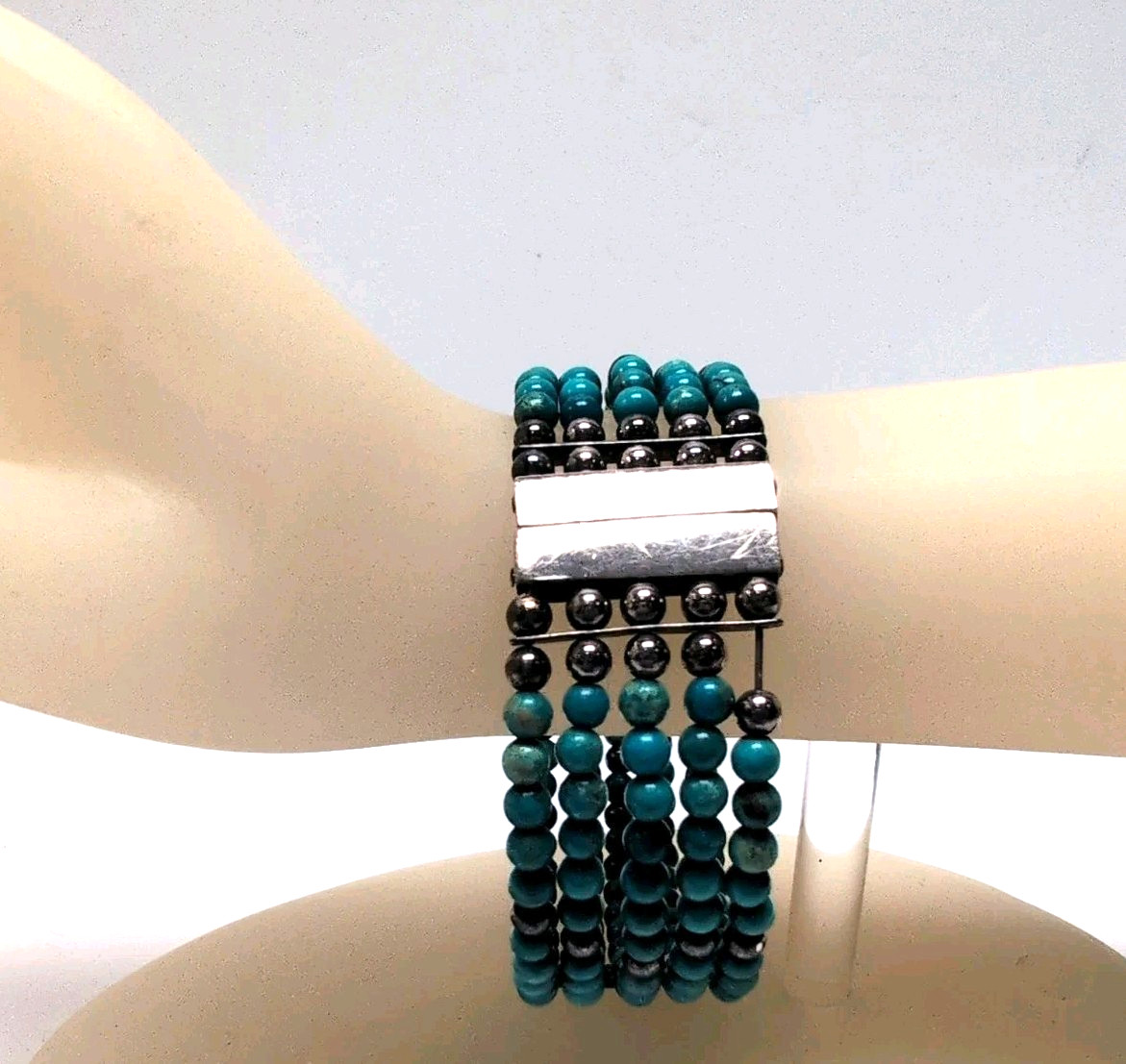Sterling Silver .925 Turquoise Beaded Multi-Strand Magnetic Cuff Bracelet 30g