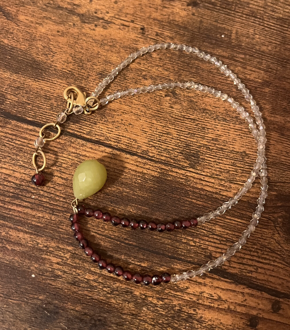 Dainty Beaded Multicolor Necklace With Pale Green Pendant Crystal/Glass?
