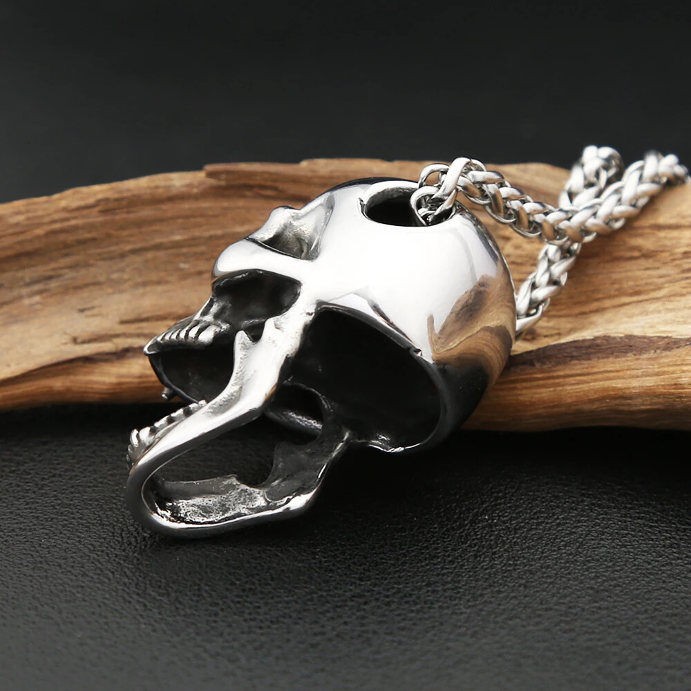Vintage Gothic Punk Skull Pendant Stainless Steel 60CM Necklace For Men Biker