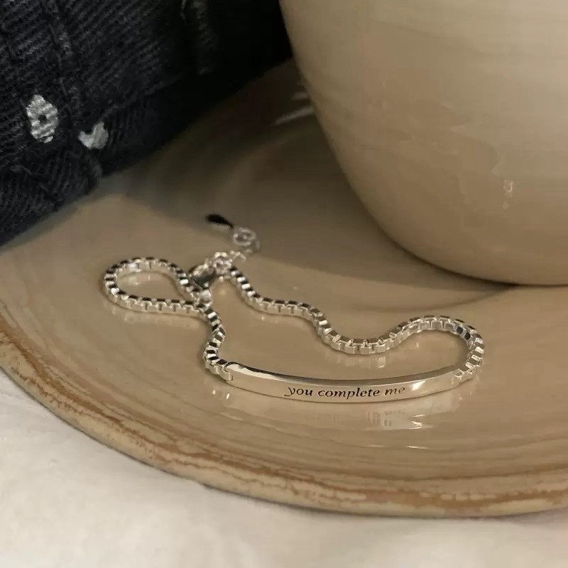 Silver Inspirational Bar Bracelet You Complete Me Adjustable Box Chain Cuff 050