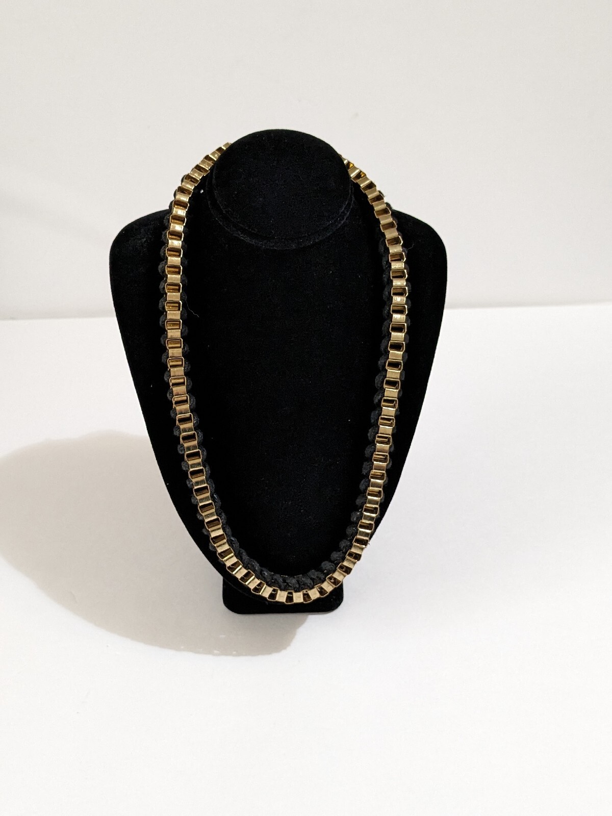 Gold Tone And Black Cord Braided Box Chain Necklace. Vintage. 16 Inch.