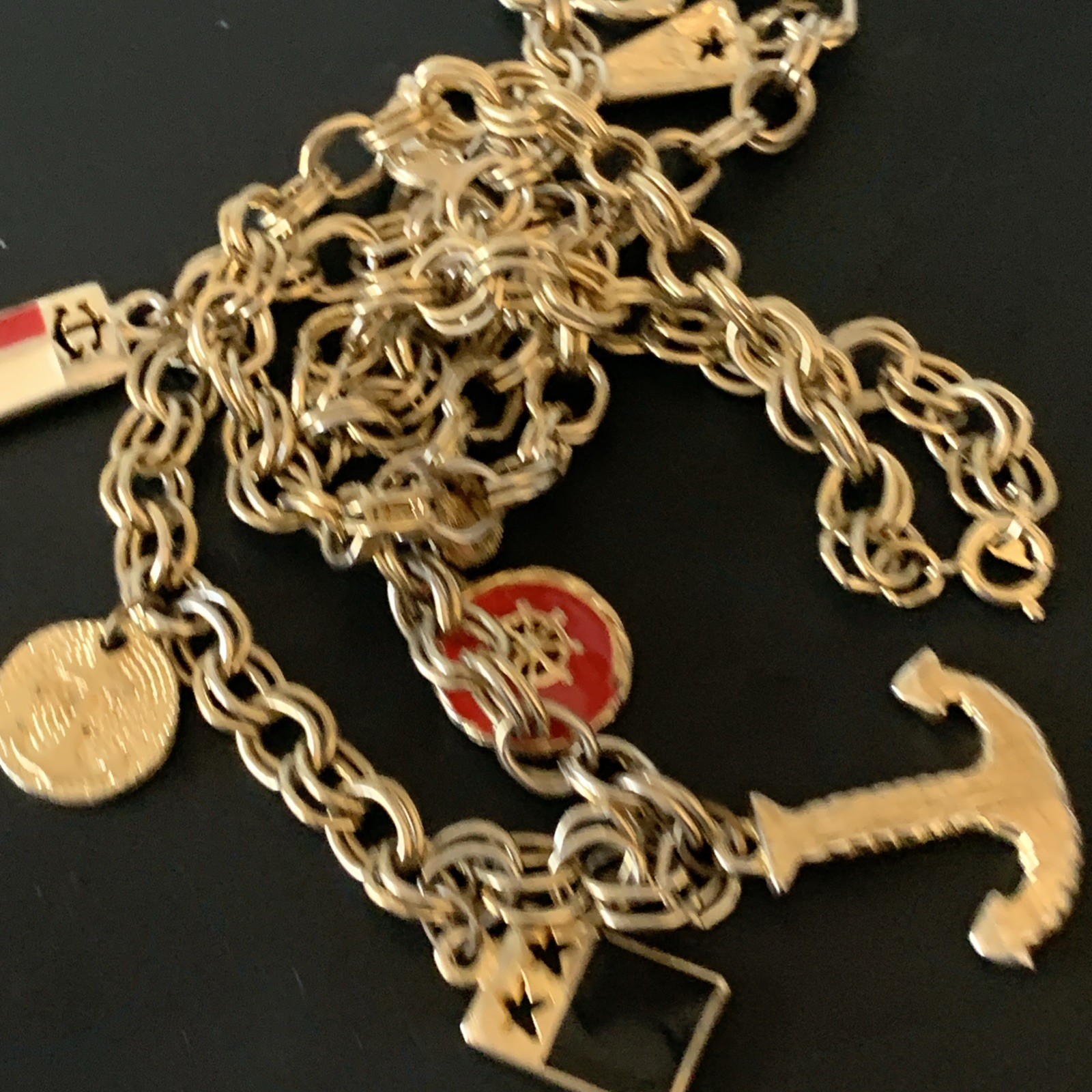Vintage Nautical Charm Necklace Mid Century Gold Tone Chain Unsigned 32”