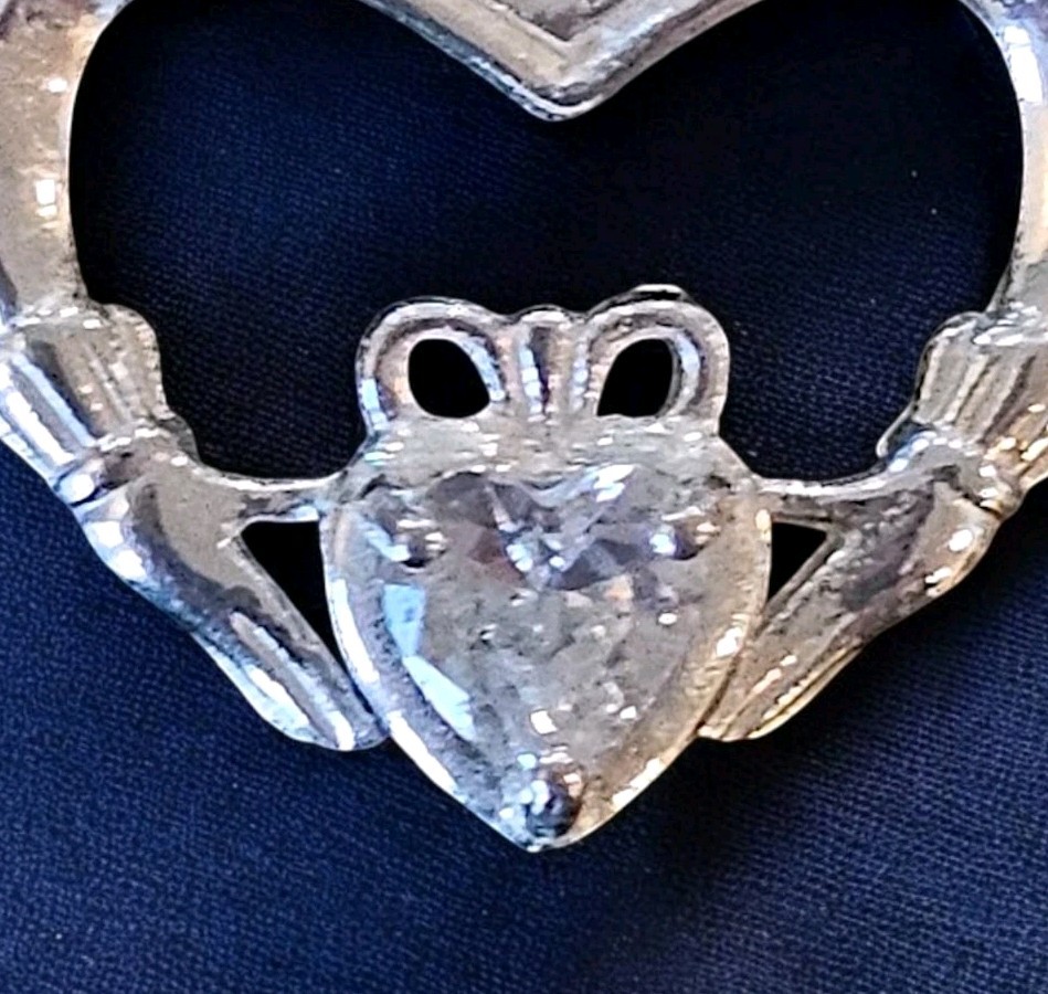 925 Sterling Silver RJ Graziano Heart Irish Claddagh Crystal Pendant Crown Hands