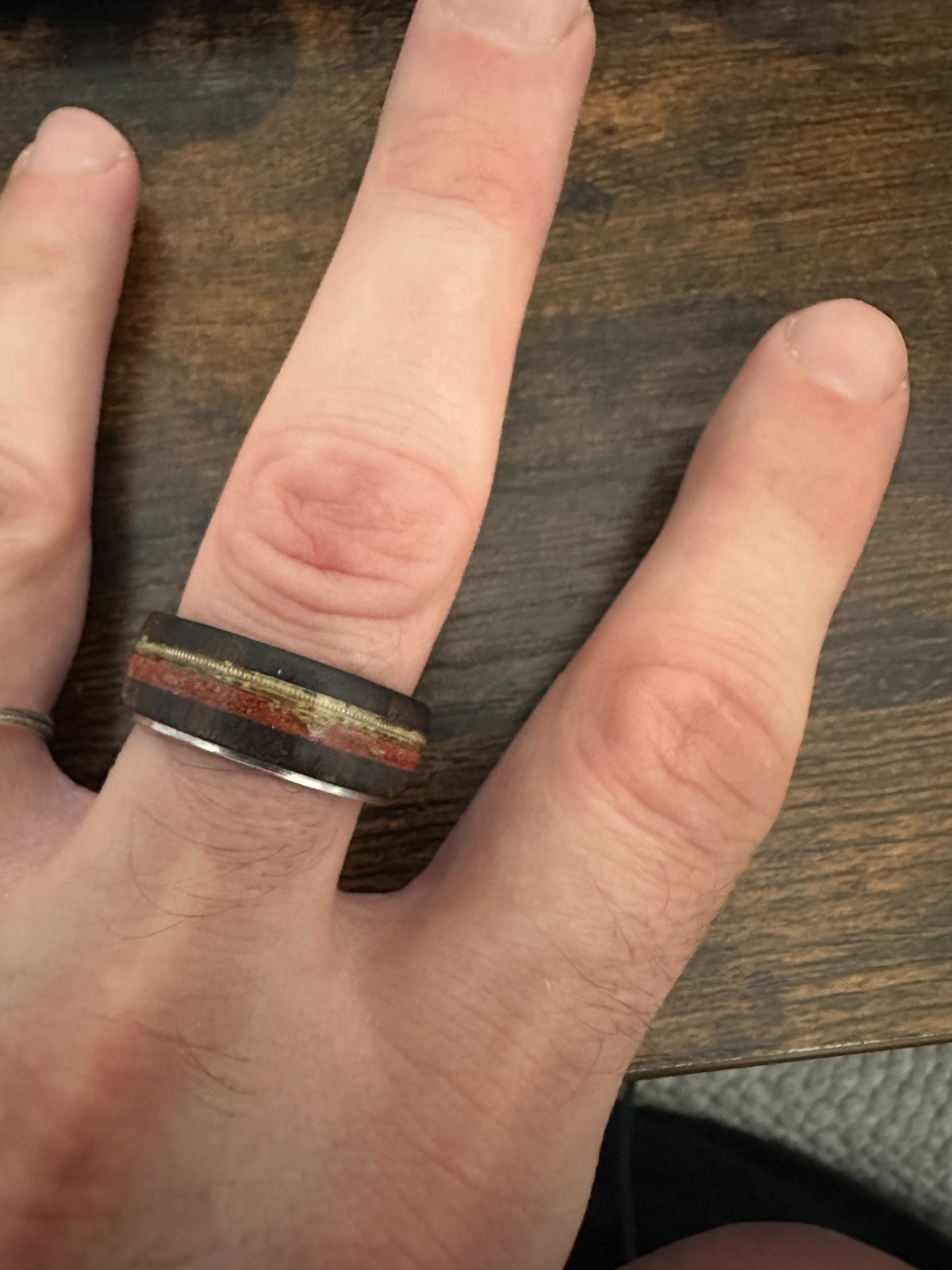 Size 11 Black Ring with Wood Inlay & Gold Accent – Wide Comfort Band – Great Con
