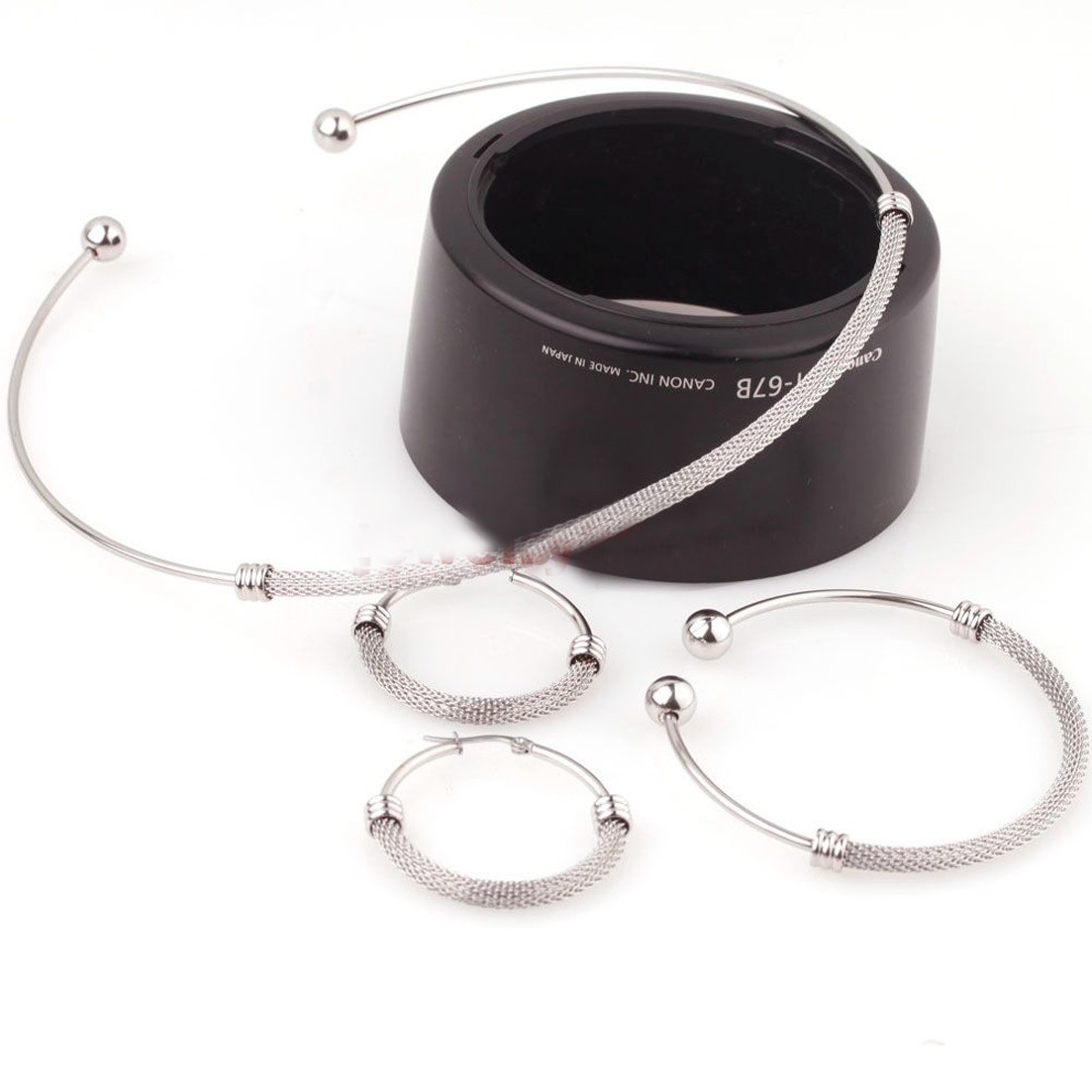 Womens Silver Cable Wire Stainless Steel Necklace Choker Bracelet Jewelry Set