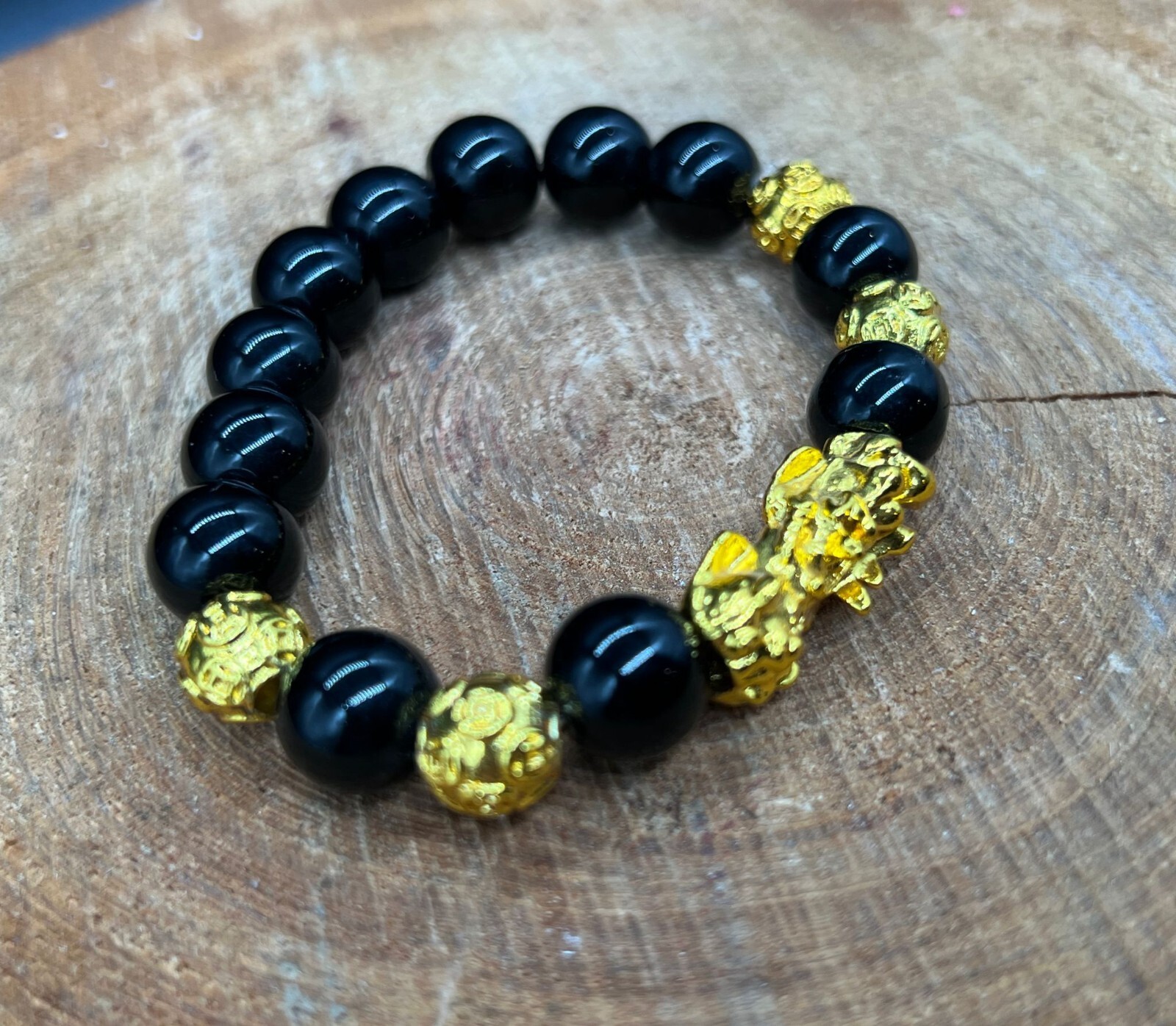Gold Pixiu Charm Black Stone Beaded Spiritual Lucky Brave Bracelet for Wealth