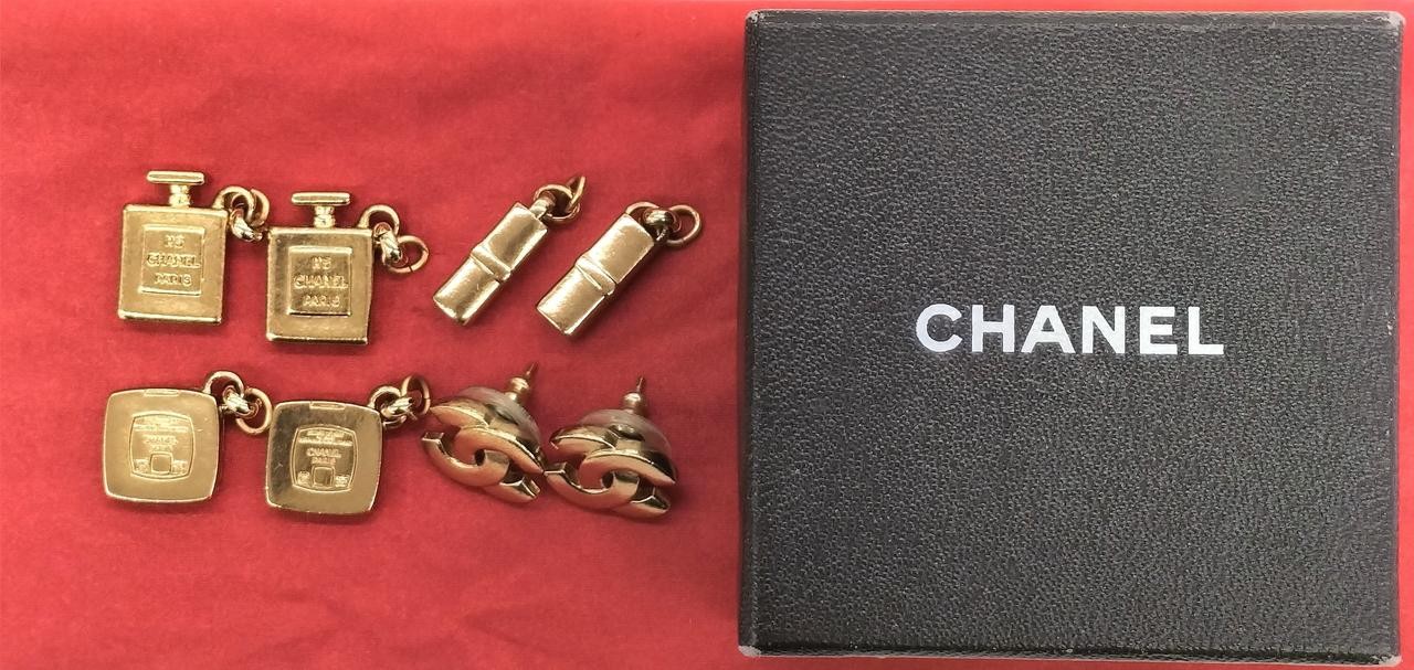 CHANEL CC Turn Lock Earrings Gold Tone w/Perfume Bottle Charms Set Auth Japan