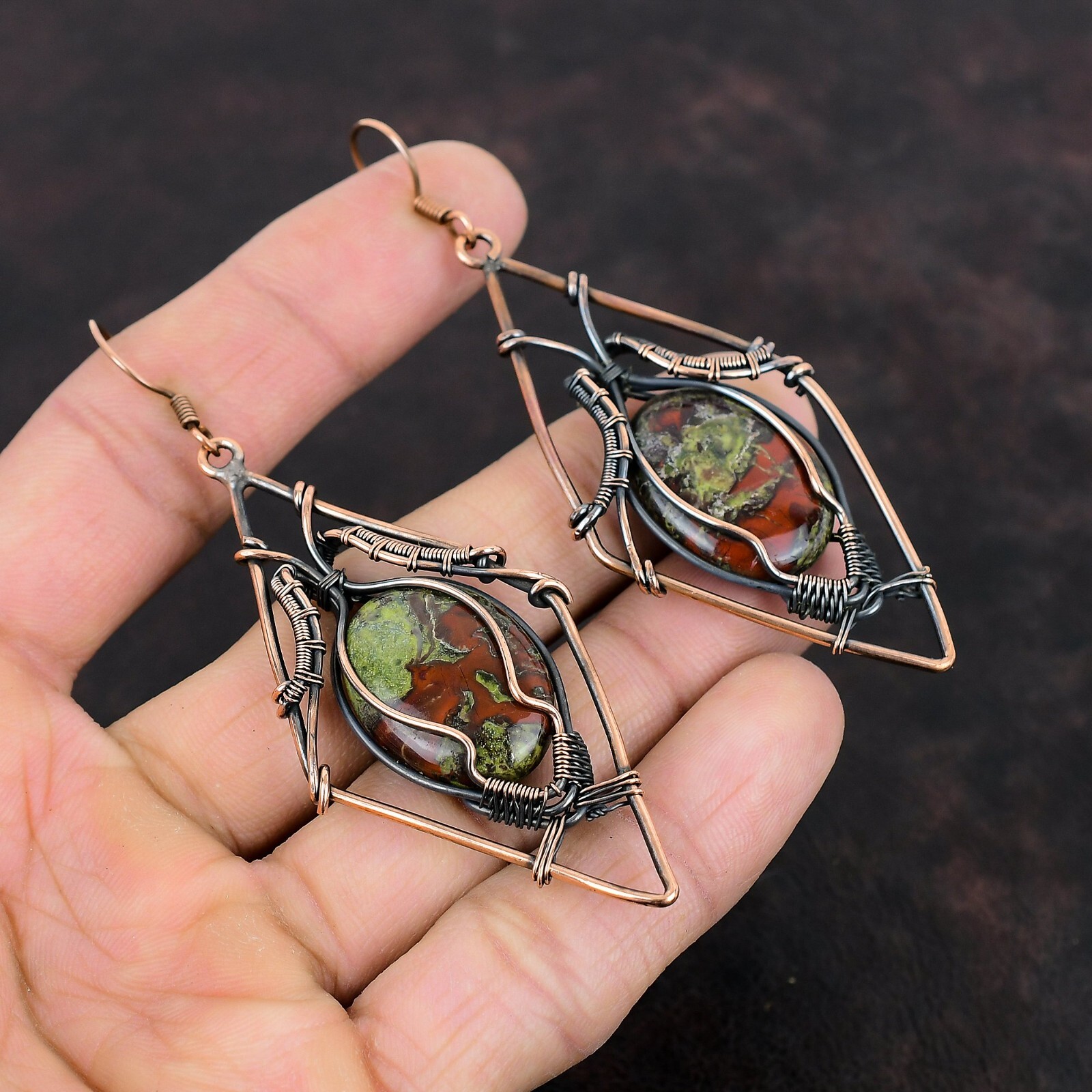 Dragon Bloodstone Copper Gift For Love Wire Wrapped Drop/Dangle Earrings 3.46″