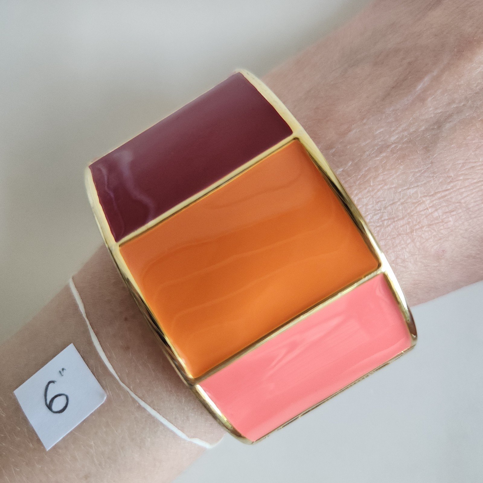Banana Republic Color Block Bangle Bracelet | Red Orange Enamel | Gold Tone | 7″