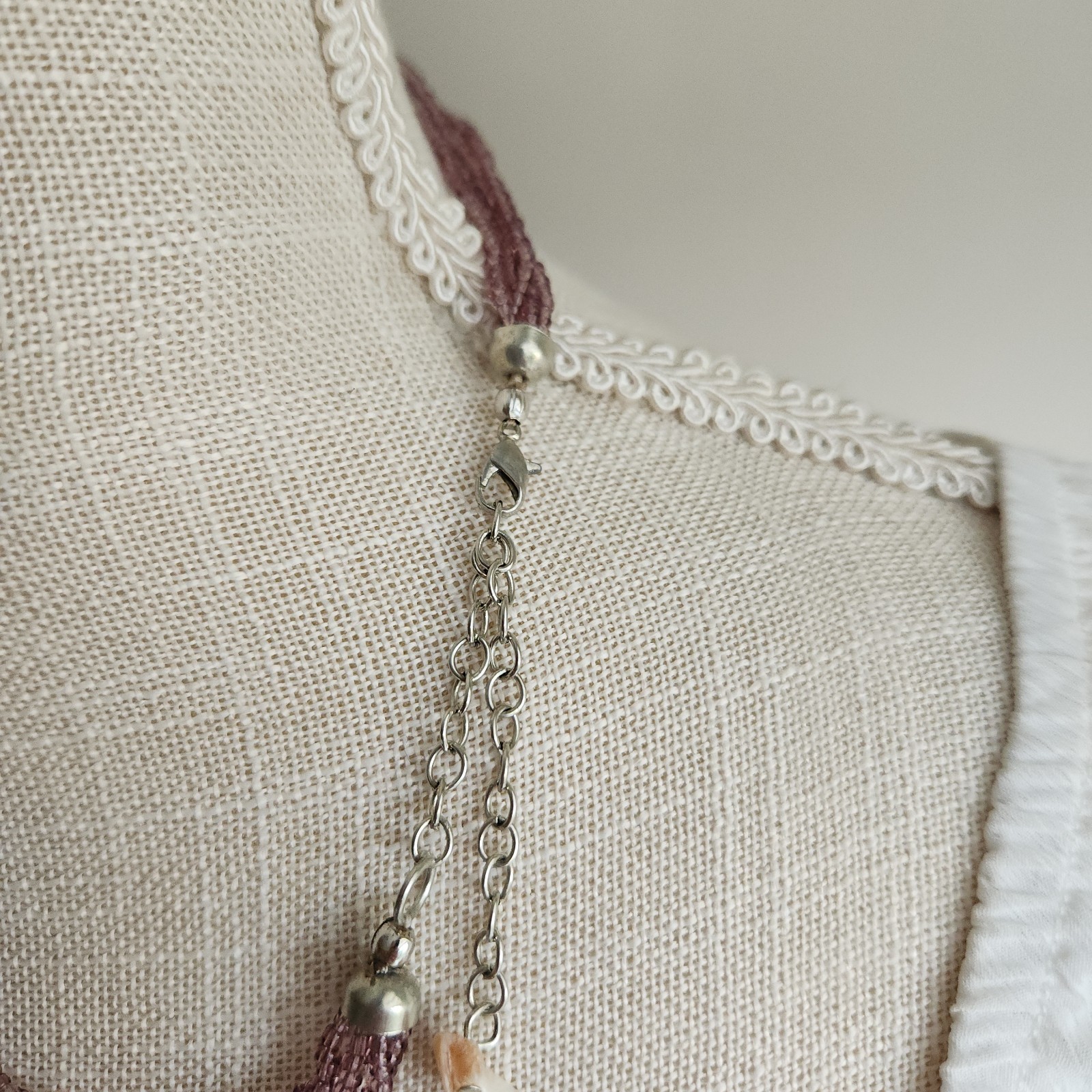 Vintage Multi-Strand Shell Chip Necklace with Purple Seed Beads 18–20″