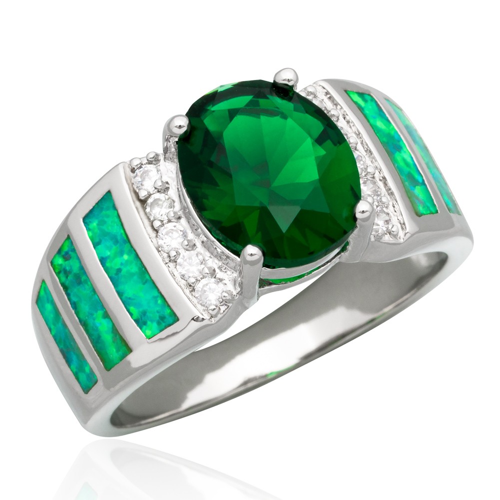 8×10 Simulated Emerald Kiwi Green Fire Opal CZ Silver Jewelry Ring 7 8 9 10