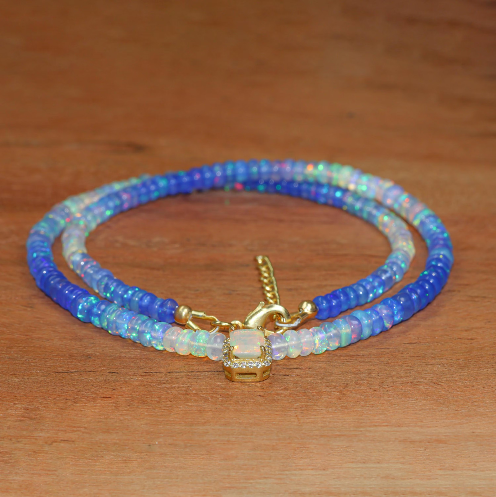 Blue Shaded Opal Smooth Bead Charm Necklace, Genuine Octagon Opal Charm Necklace