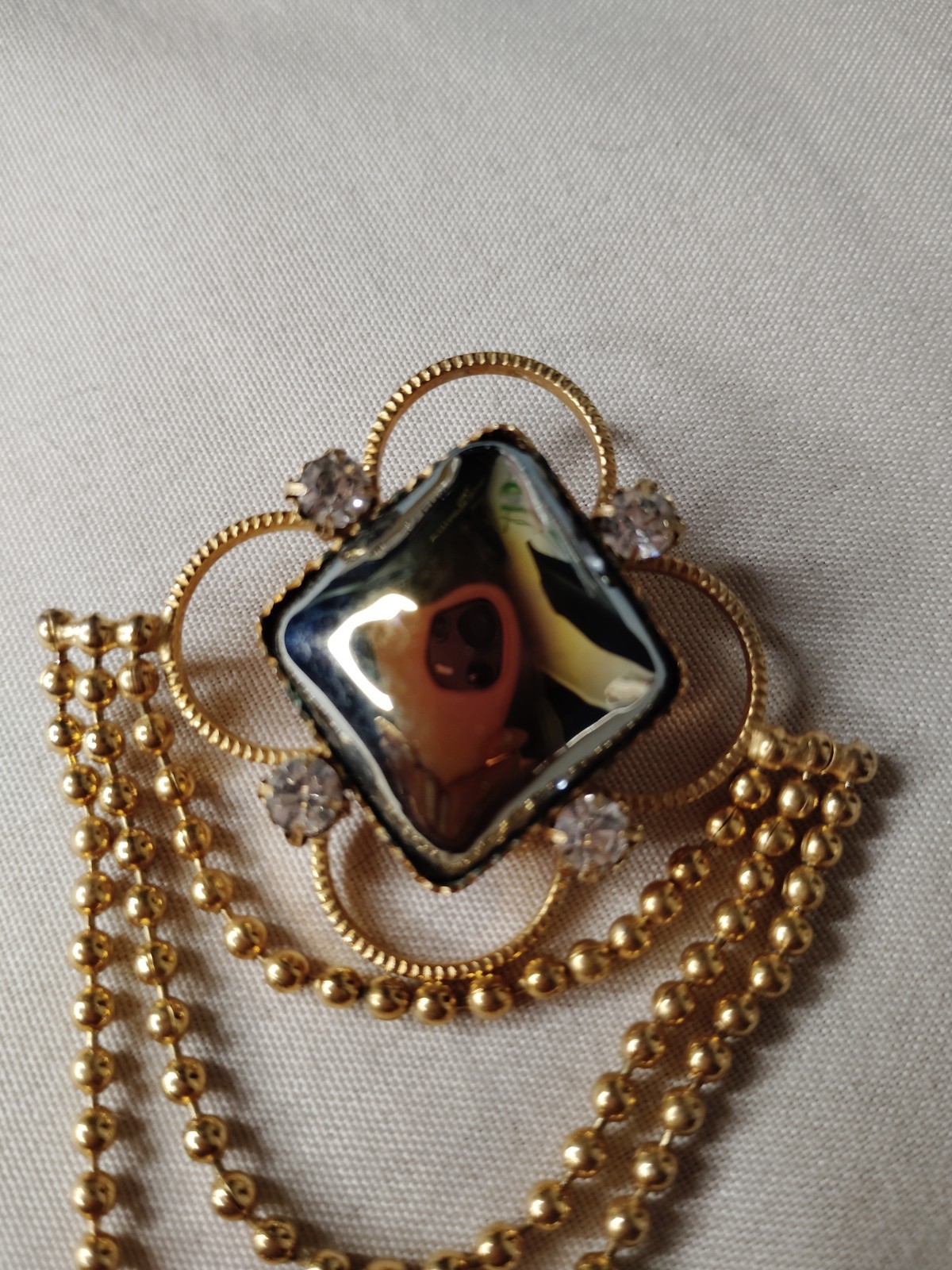 Brooch Pin Gold Tone Dangle Square Black Glass Cabochon Clear Stones
