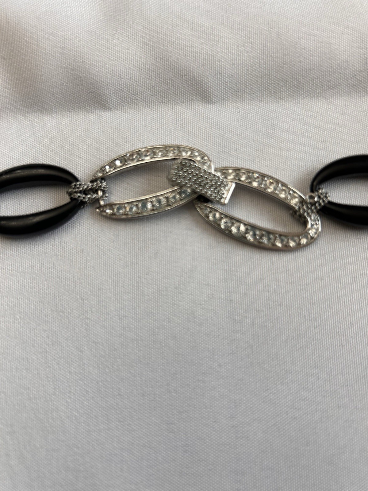Black & Silver Oval Link Chain Choker with Clear Stone Accents