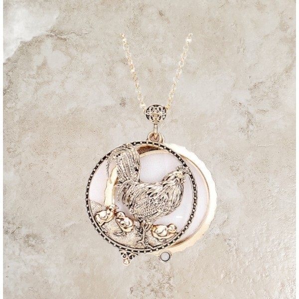 Antique Gold Rooster Magnifying Glass Pendant Long Necklace