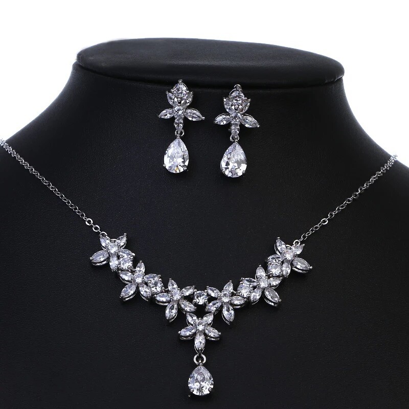 ZARD Pear Marquise-Cur Cubic Zirconia Floral Drop Earrings and Necklace Set