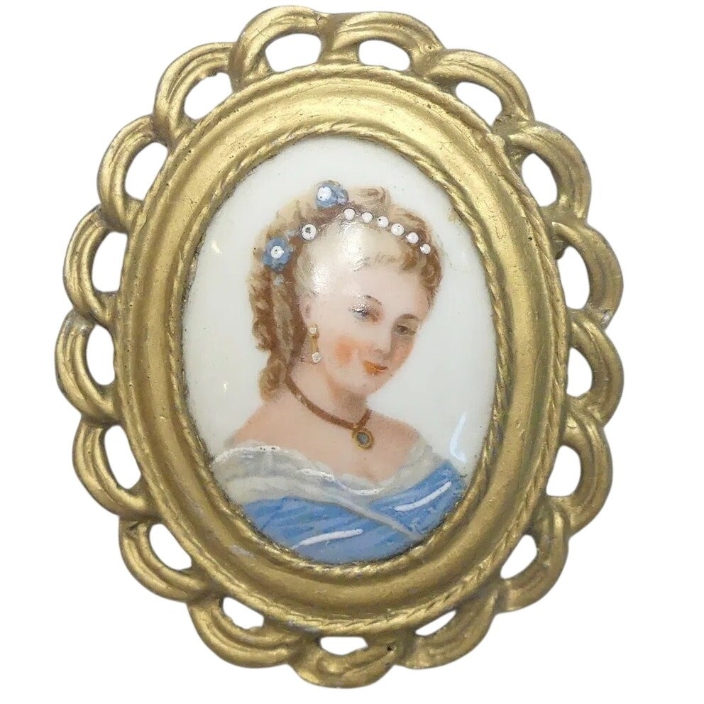 Vintage Limoges France Porcelain Brooch- Painted Cameo