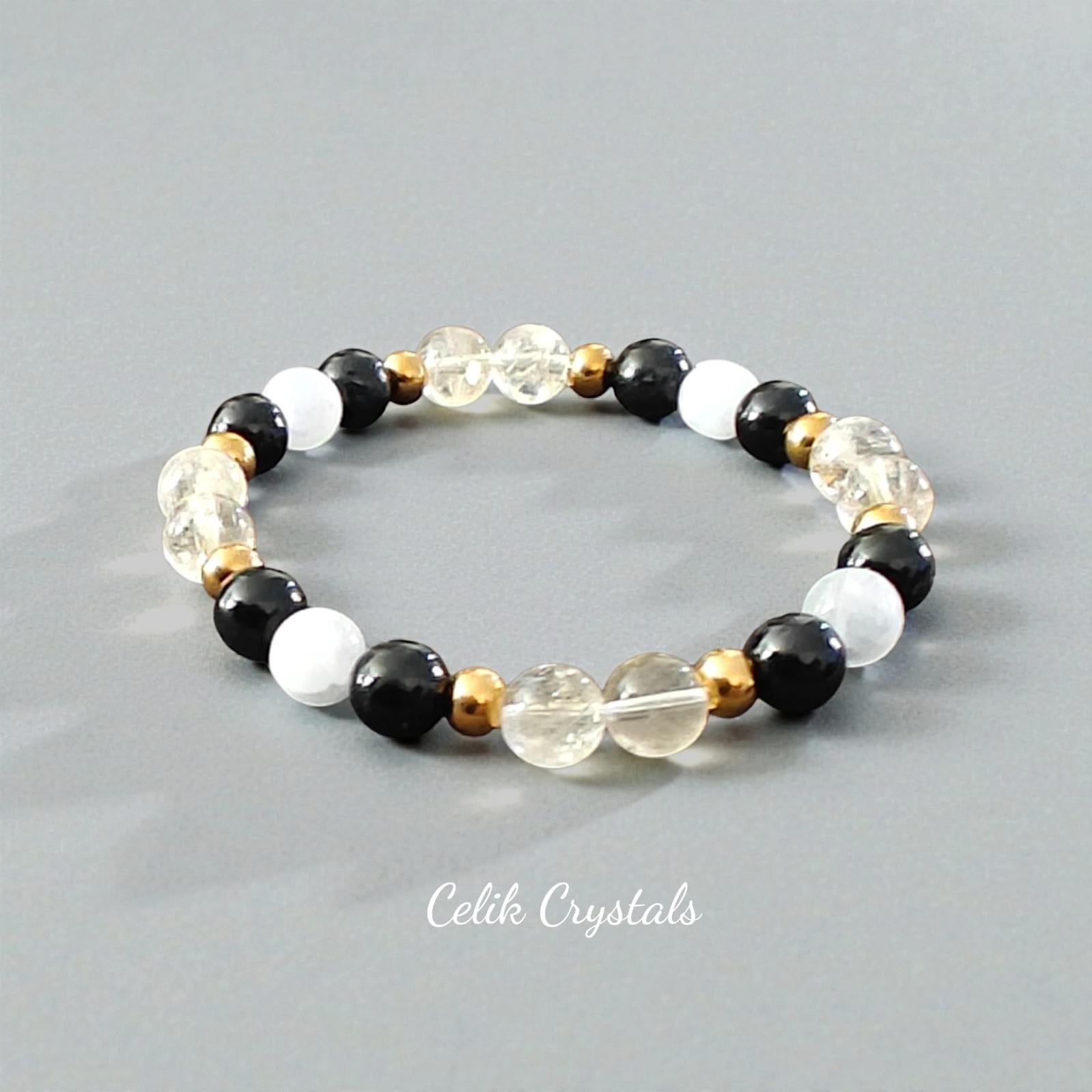 Citrine Selenite Black Tourmaline, Gold Plated Stainless Steel Spacers Bracelet