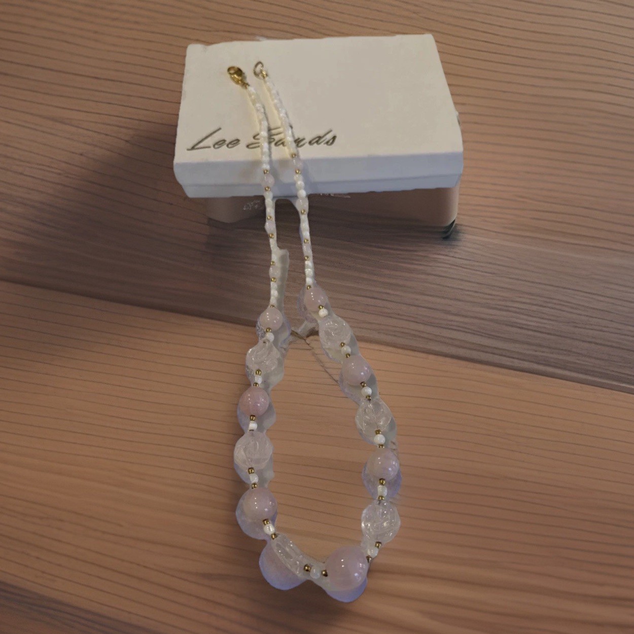 LEE SANDS QVC Gold Tone Pink Rose Quartz Beaded Necklace-NEW