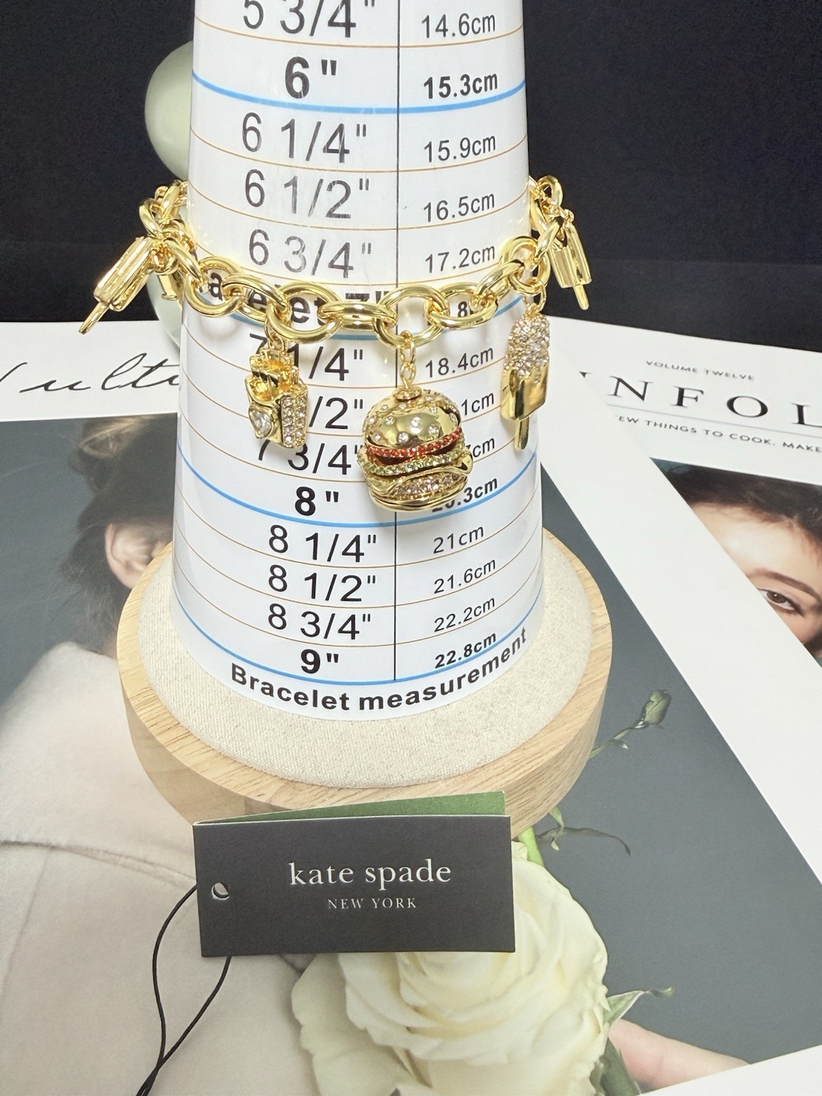 Kate Spade FAST FOOD CHARM Gold Plated Brass CZ Crystals Charm Bracelet