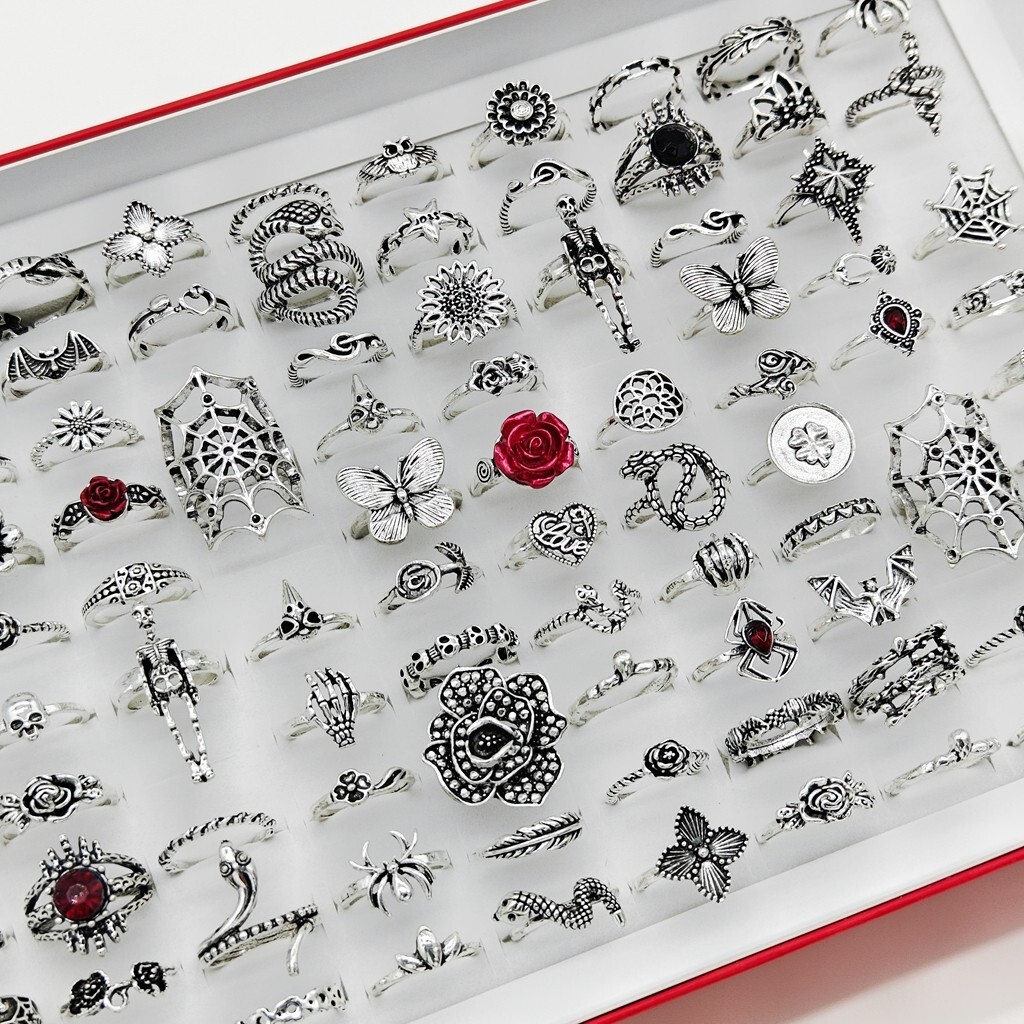 Wholesale 50pcs Mix Punk Gothic Vintage Rings Alloy Plated Silver Skull Ring Lot