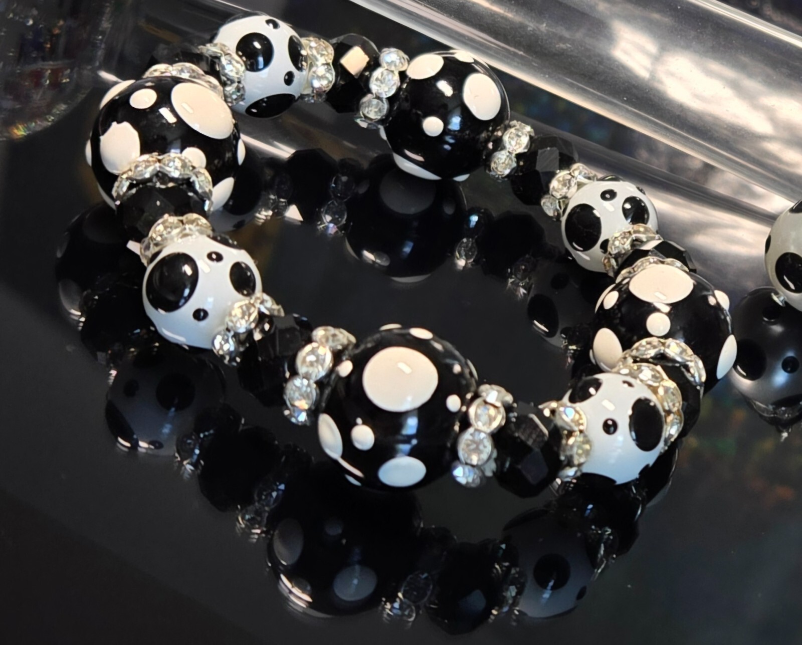 Polka Dot Bracelet Earring set Black Classic Bracelet for Women Beaded Stretch