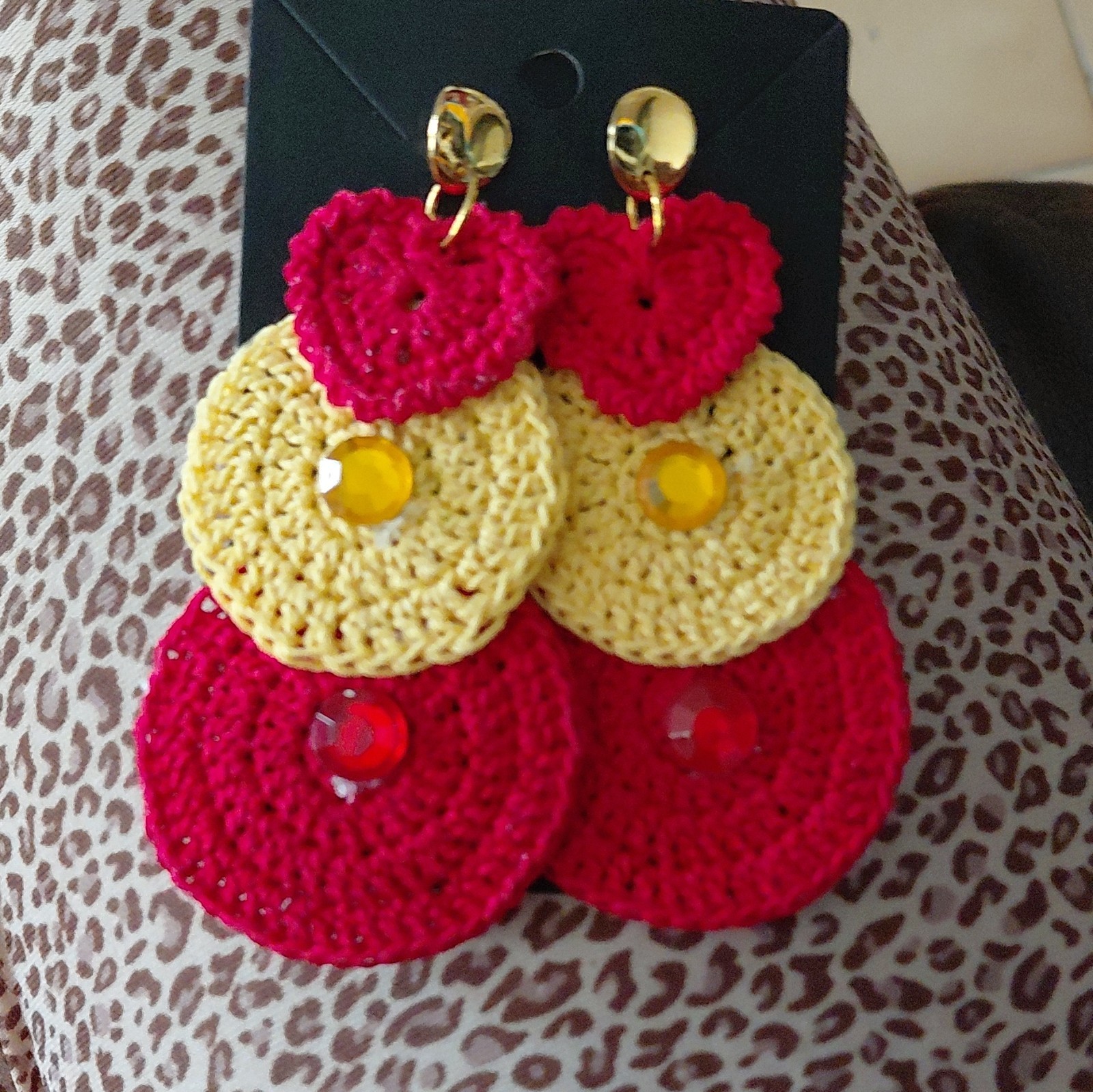 Handmade Crochet Heart Dangle/Drop Earrings Red Yellow Love Theme Butterfly Back