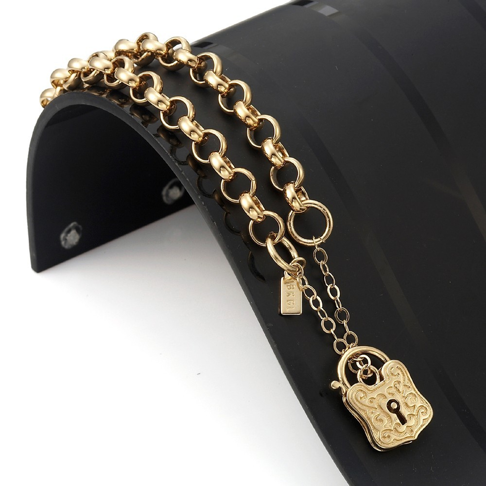 18K GL Solid Belcher Yellow Gold Bracelet & Antique Keyhole Padlock