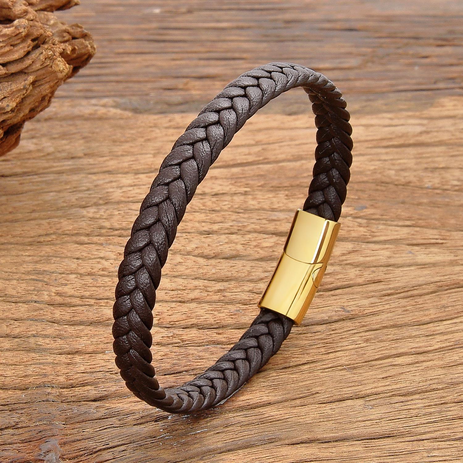 Simple Classic Stainless Steel Bracelet for Women & Men, Braided Leather Bangle
