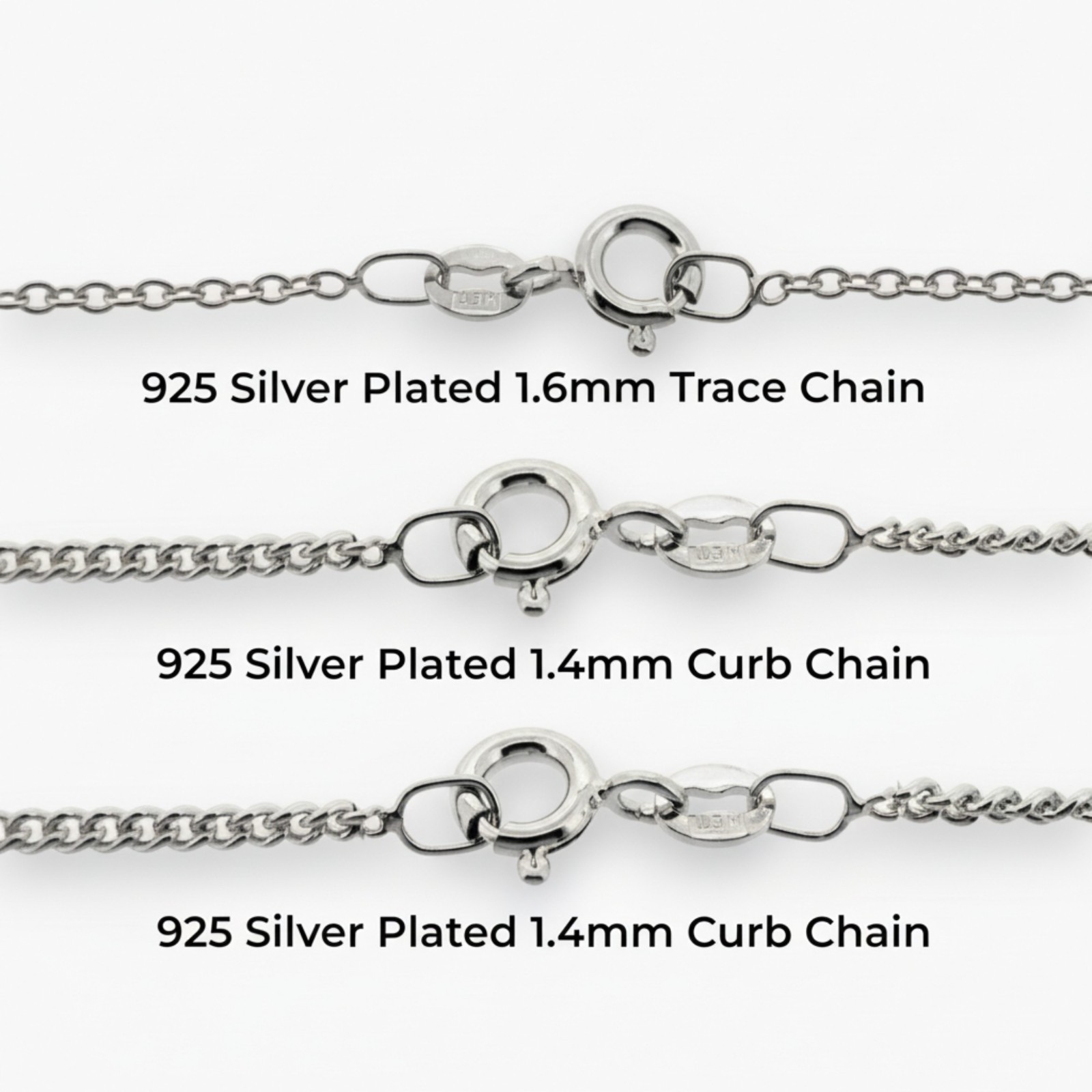 925 Silver Plated Curb and Trace Chains