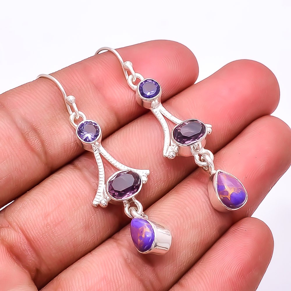 Purple Amethyst Multi Collet 925 Sterling Silver Earring 2.03″ E16, Christmas