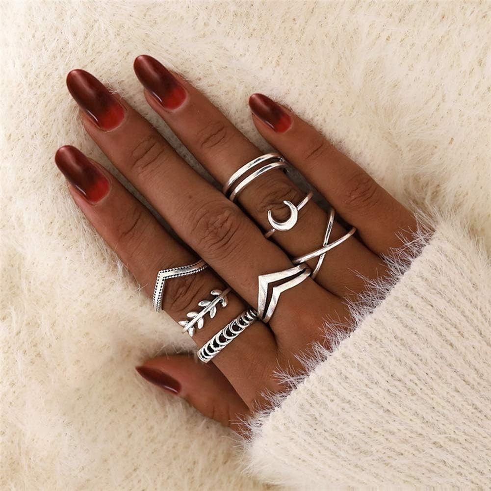 7-19pcs Silver Star Moon Knuckle Ring Set for Women Vintage Stackable Midi Fi…