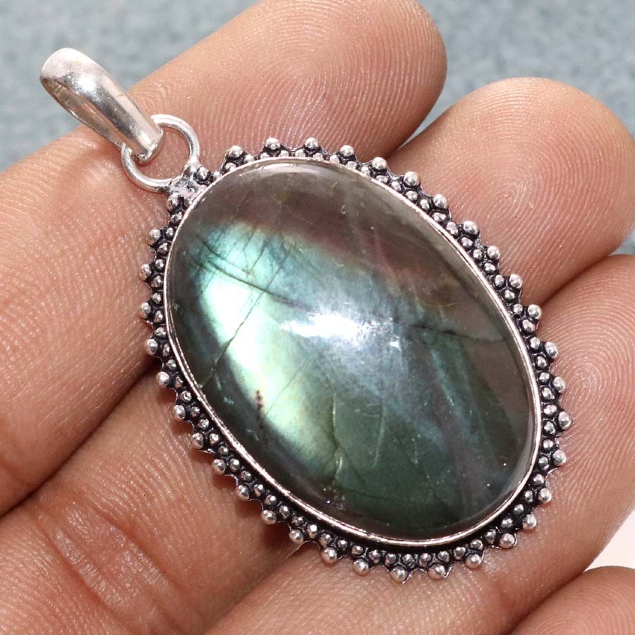 925 Silver Plated Fiery Labradorite Pendant 2.2″ Party Wear Design Trendy GW
