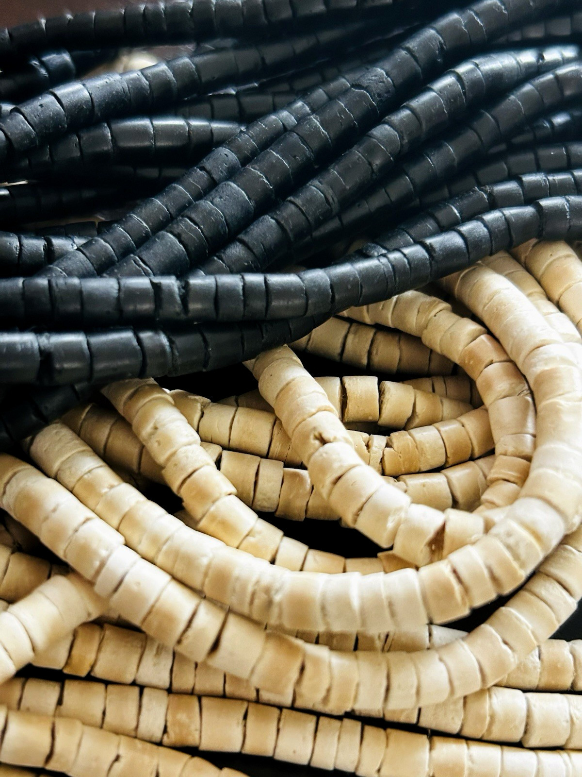 Coconut Shell Necklace 8 Strand Black and Ivory Tribal Unique Ethnic 32 in