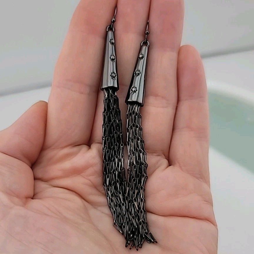 Gun Metal Grey Tassel Fringe Dangle Pierced Earrings