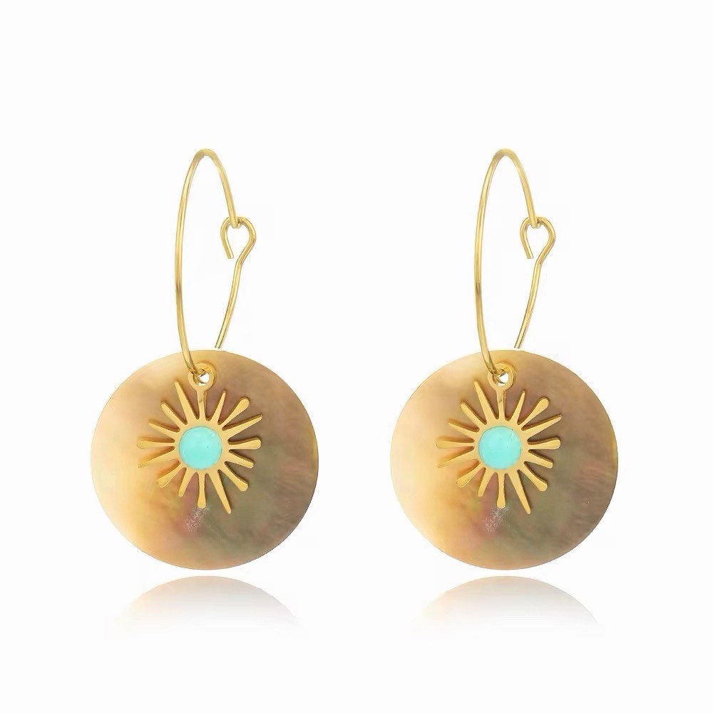 Boho Sunburst Shell Lightweight Gold Dangle Drop Hook Earrings, Round