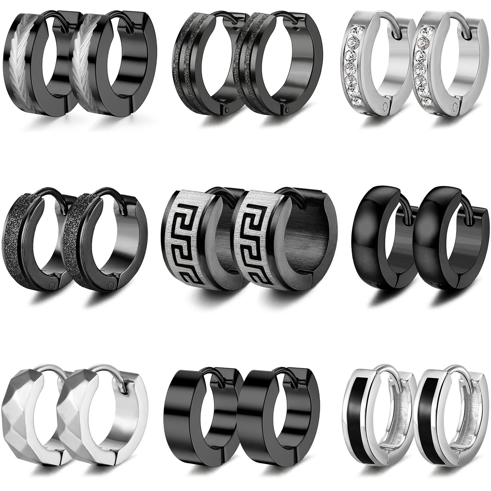 9Pairs Hoop Earrings for Men Stainless Steel Black Men’s Hoop Earring