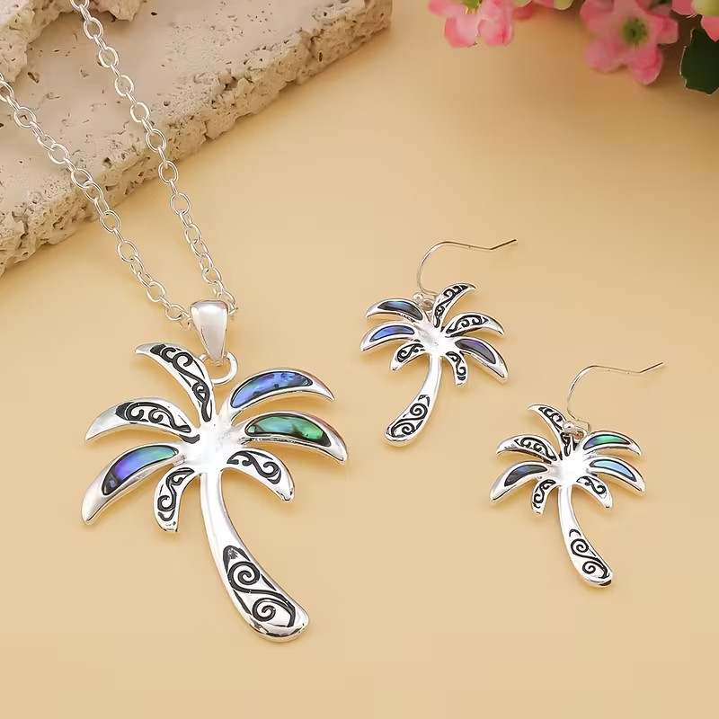 Nautical Style Palm Tree Earrings and Pendant Necklace- 20 inches