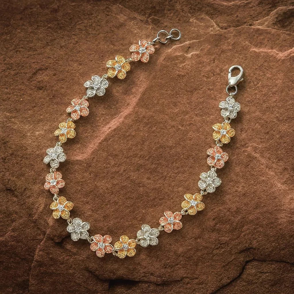 Hawaiian Sterling Silver Tri-Color Gold Plated Plumeria Bracelet CZ Prong Gems