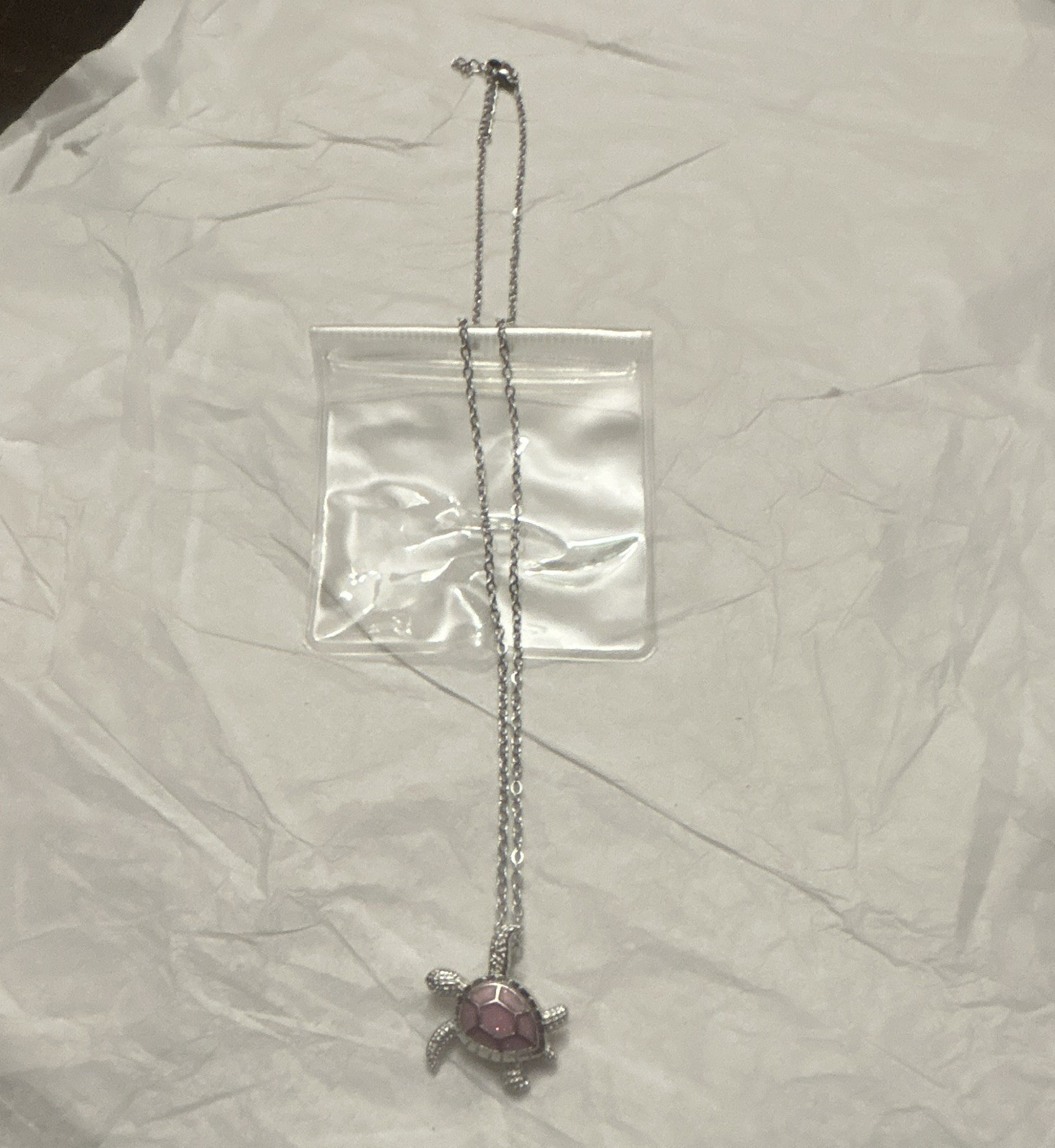 Silver Tone Cable Chain Necklace Pink Turtle Charm Pendant Adjustable