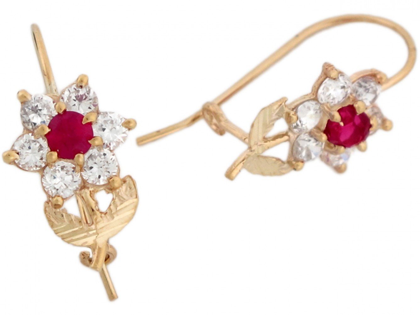 10k or 14k Yellow Real Gold White Red CZ Fancy Hook Floral Womens Earrings
