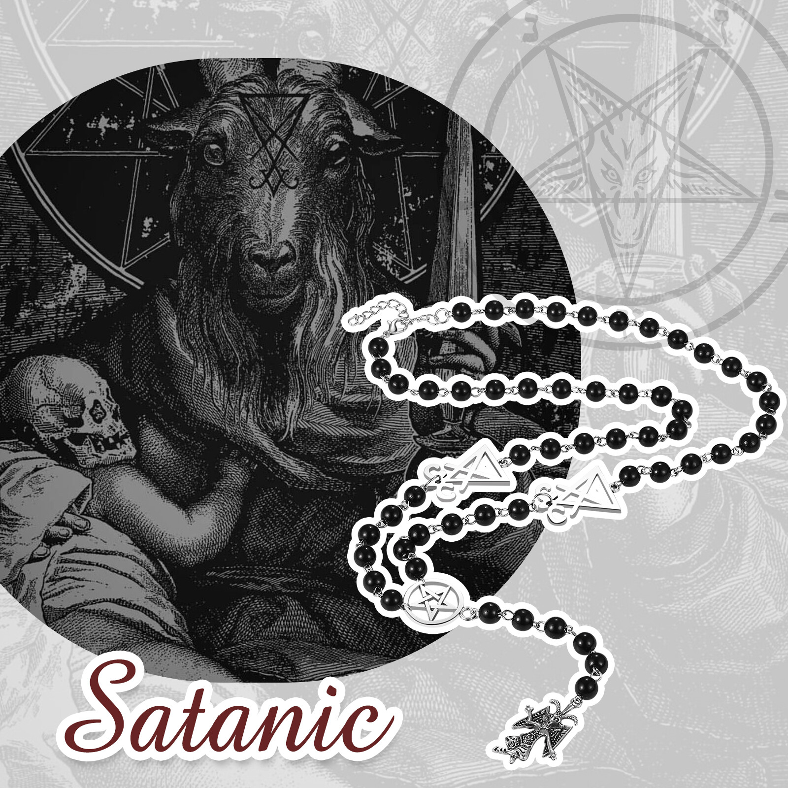 Women Men Black Rosary Religious Satanic Baphomet Amulet Baptism Beaded Necklace