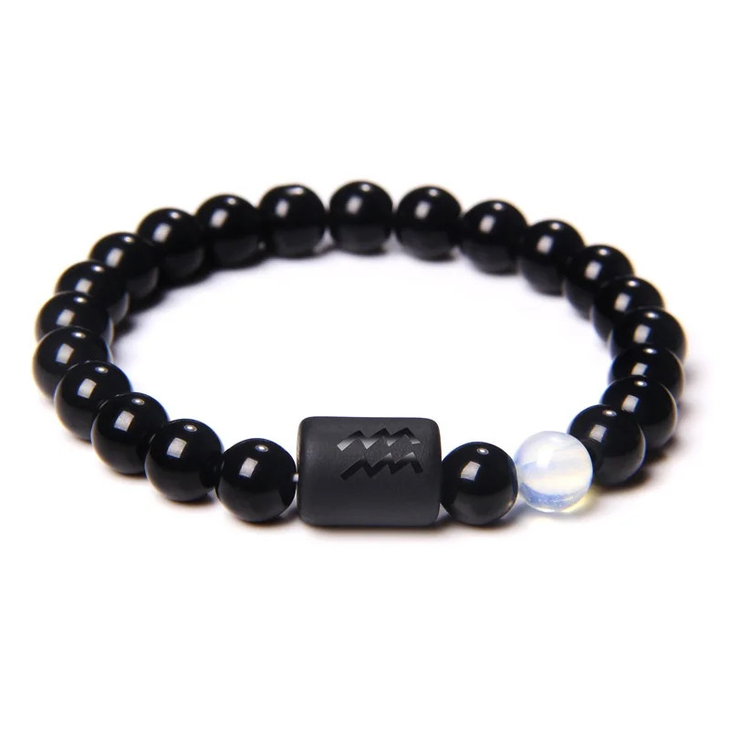12 Constellation Zodiac Beads Couples Bracelet Natural Black Onyx Elastic Charm