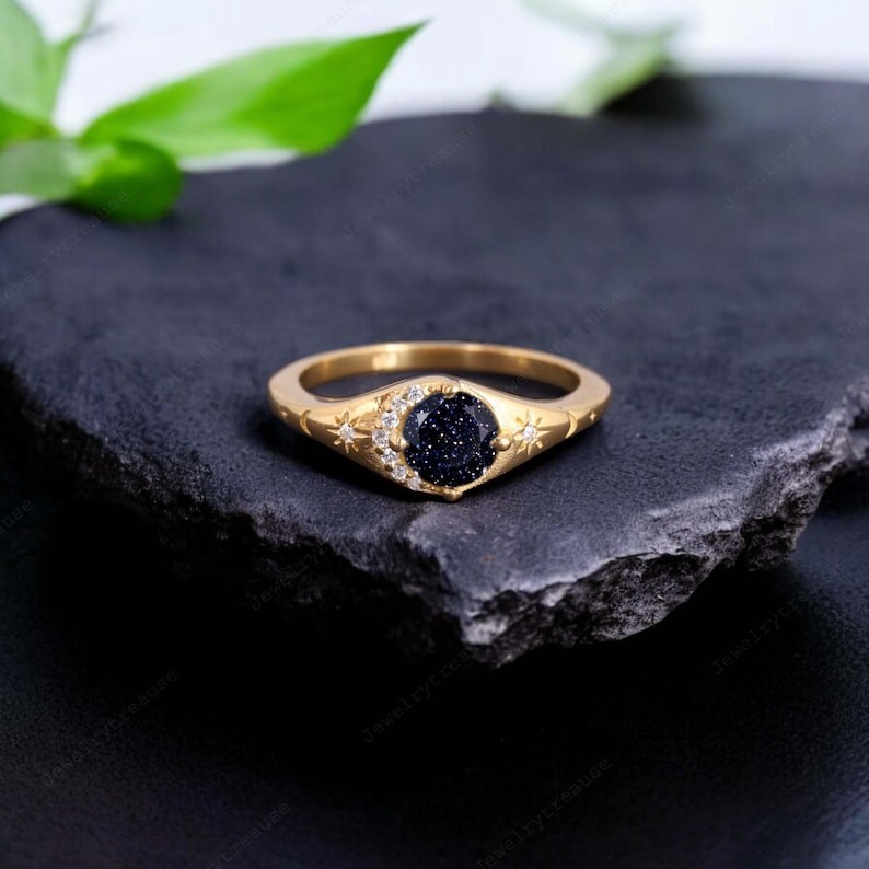 Blue Sandstone Moon Star Ring | Gold Plated Celestial Jewelry Gift for Her