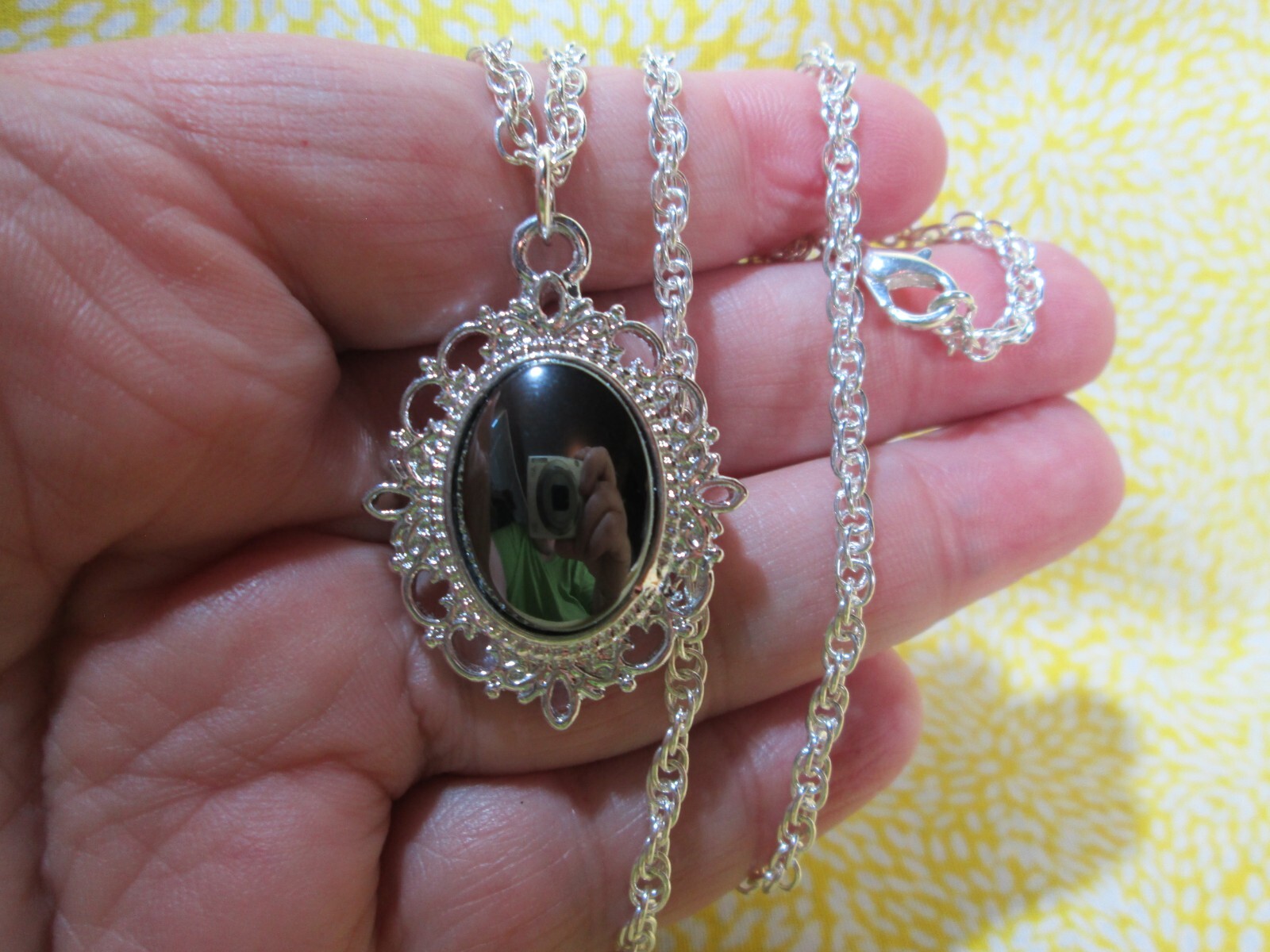 Genuine Hematite Oval Pendant w/ 18″ Silver Plated Rope Chain / N