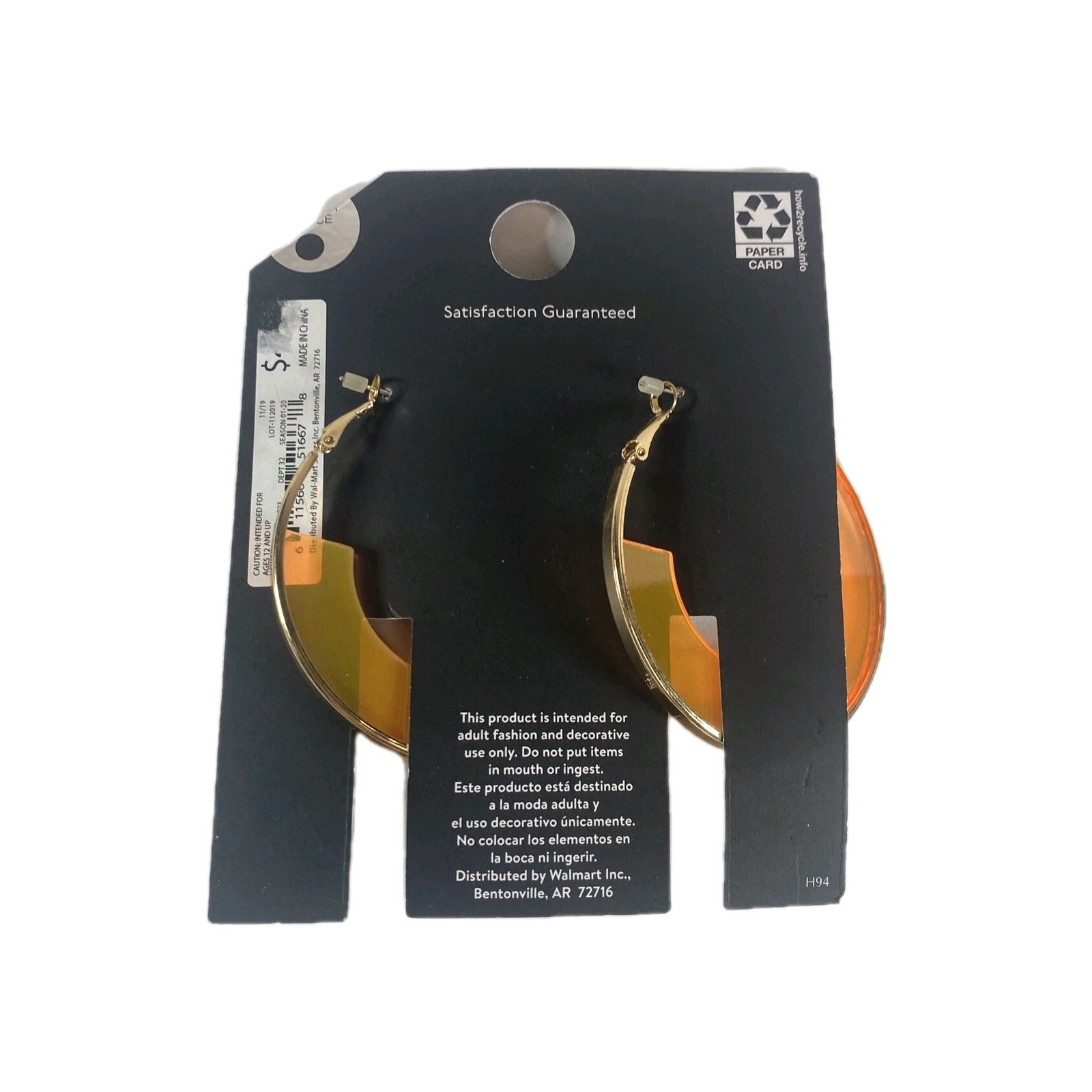 No Boundaries 1 Pair Gold Tone And Neon Orange Hoop Earrings w/ Leverback 3″