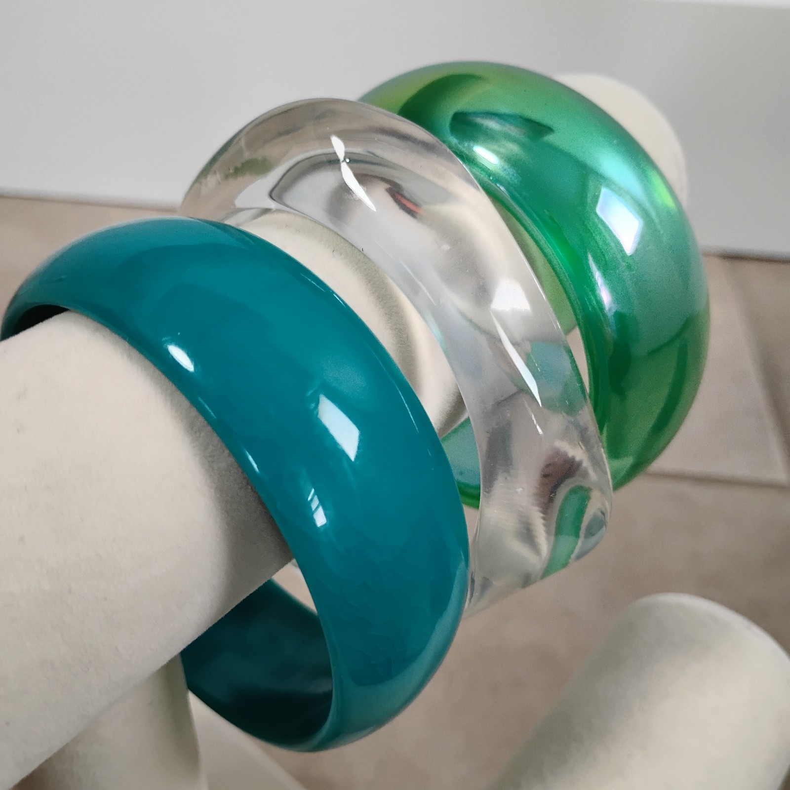 Teal Green Clear Bangle Lot NEW Iridescent Sz 7.75/8 Plastic Bracelets