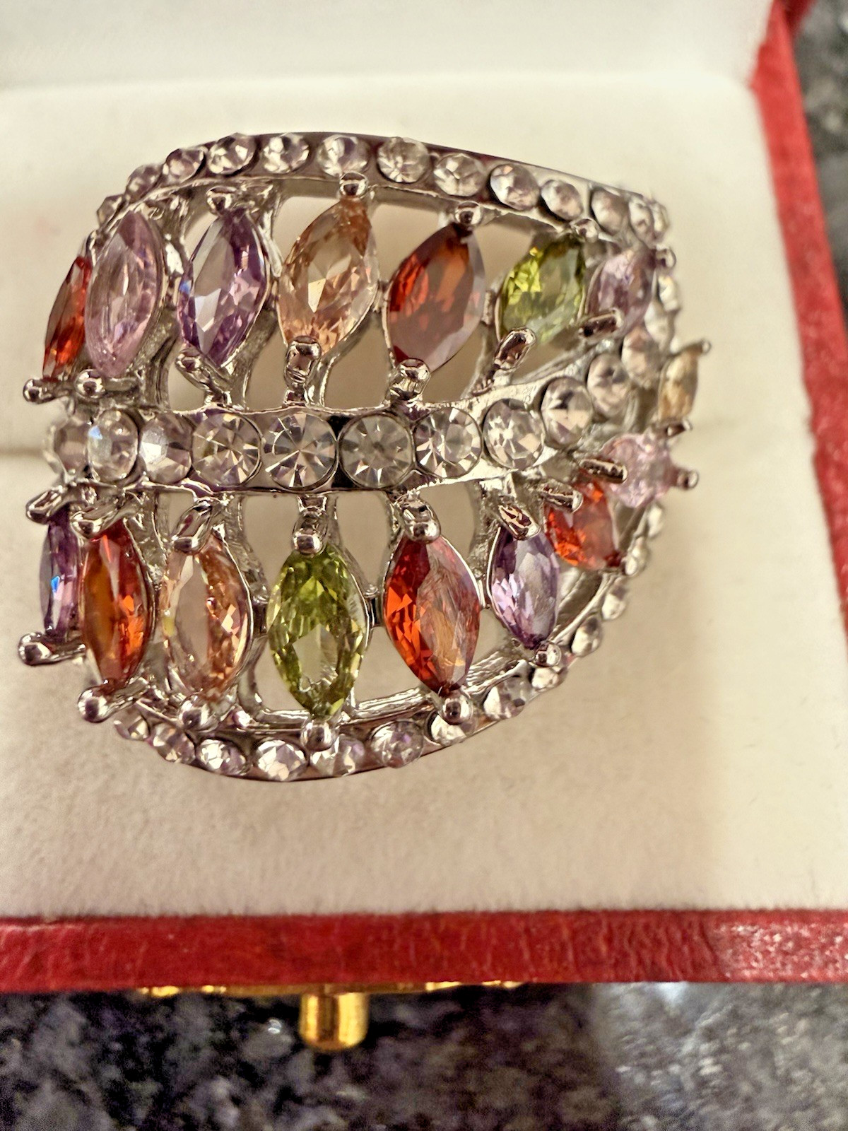 Silver Tone Multicolor Marquise Crystal Cluster Cocktail Ring Size 10.5