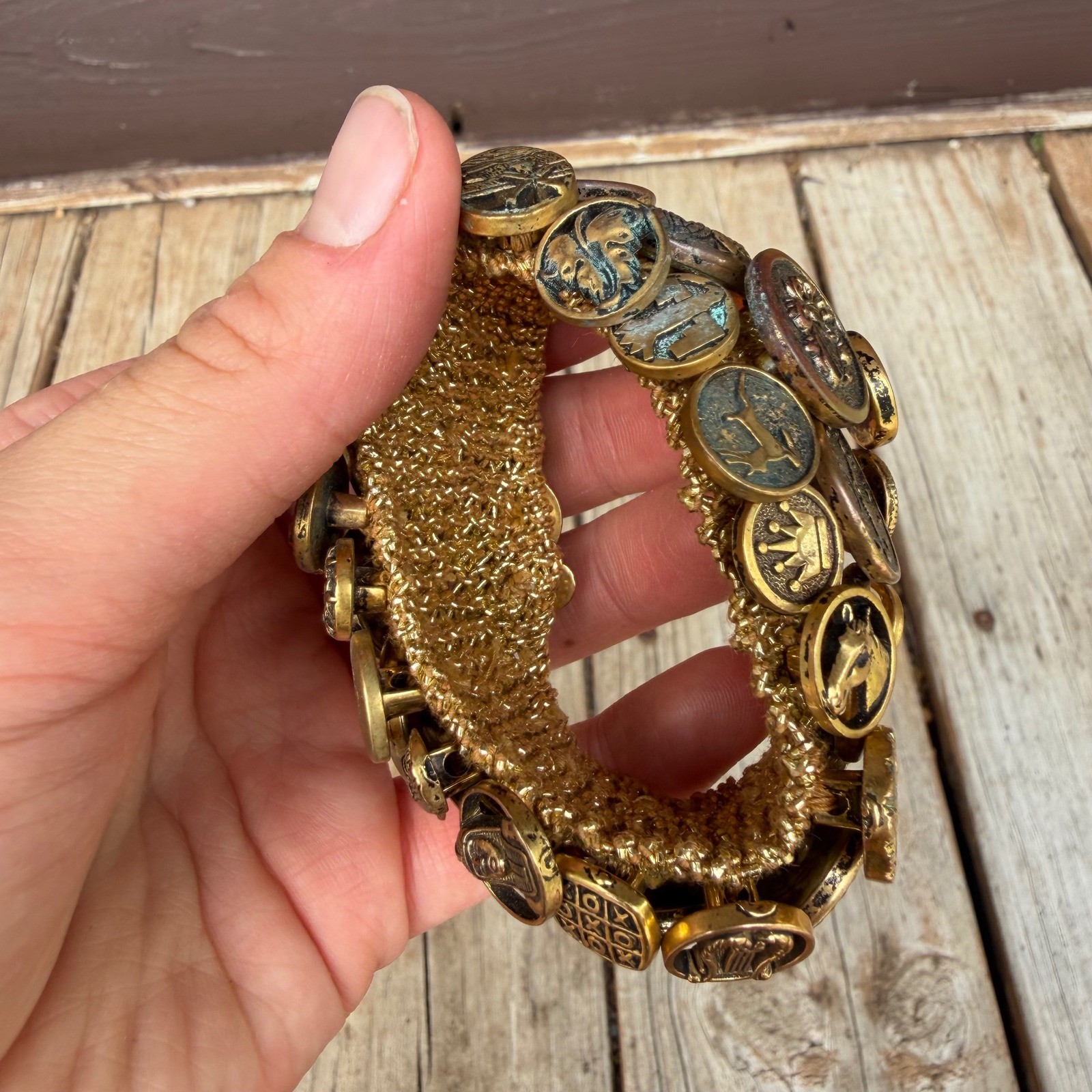 Vtg Button Cuff Stretch Bracelet Gold Tone Antique Style Steampunk Statement