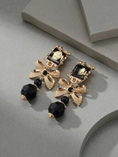 Black Clip On Earrings Retro Etruscan Revival Cabochons Gold Bow Beads